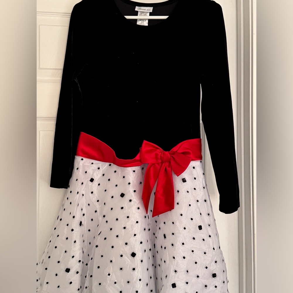 Bonnie Jean Black and White Holiday Dress with Red Bow 🎁🎄🎅🏻